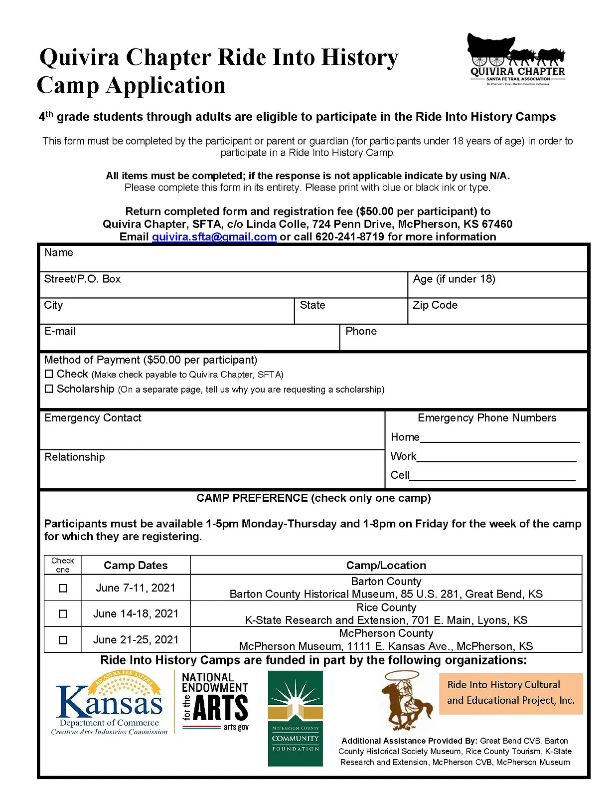 Ride into History Camp Registration Form